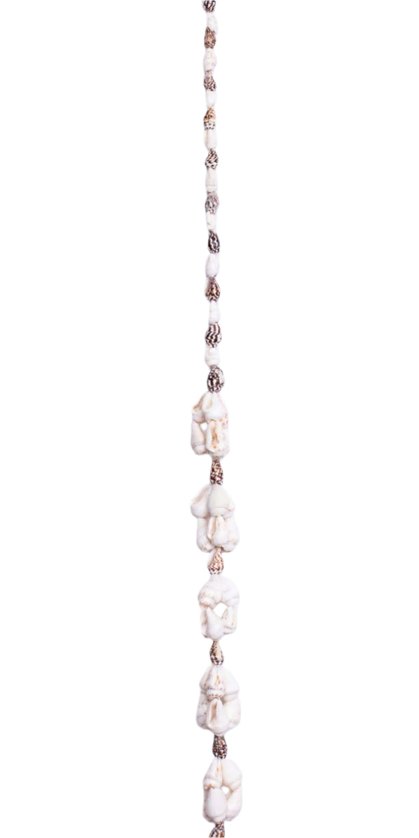 A lei made of various natural seashells, with a mix of small patterned shells and larger white shells.