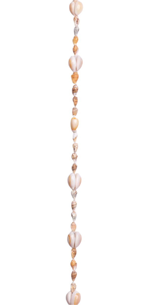 A lei made from natural seashells, featuring pairs of cowrie shells and smaller textured shells in cream, beige, orange, brown, and amber colors.