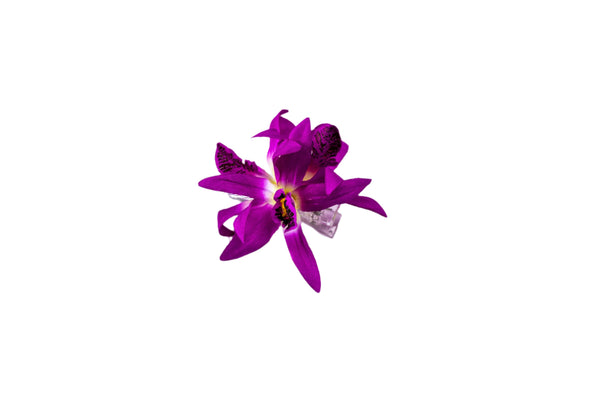 Hair clip featuring three faux fuchsia orchids.