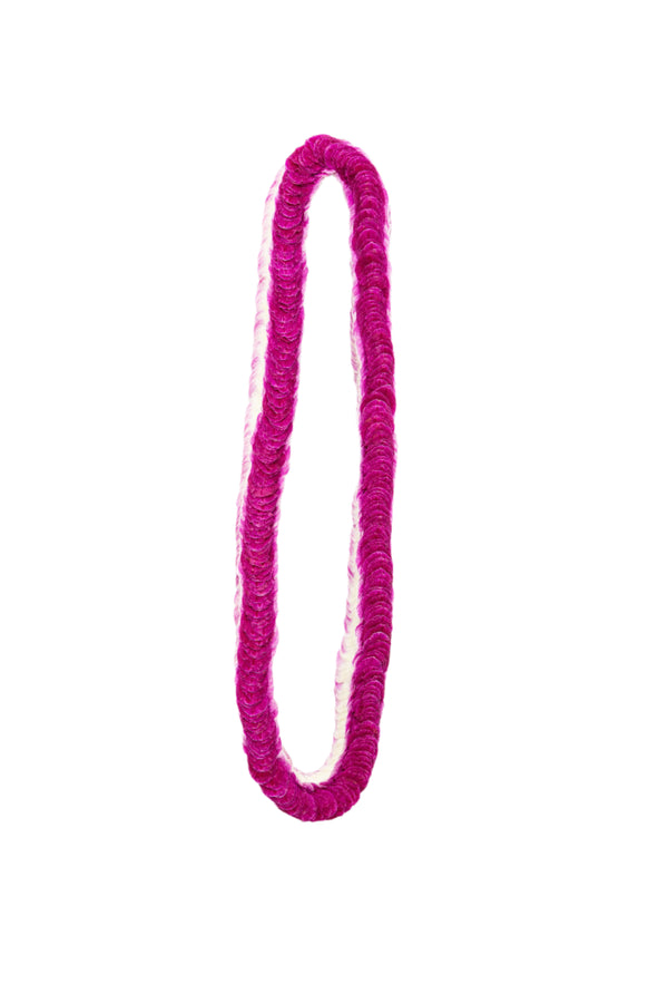 Purple orchid lei made of 900 flat orchid petals, displayed against a white background.
