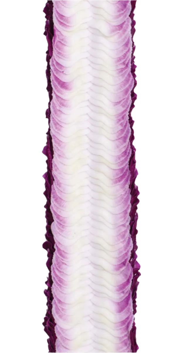 Close-up of a premium purple orchid lei showing the intricate layering of its 900 flat petals, highlighting the texture and detail against a white background.