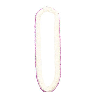 Flat, featherlike lei composed of 900 purple and white orchid petals densely layered to create a soft, textured appearance.