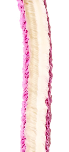 Close-up of a pink premium orchid lei showing the intricate layering of its 900 flat petals, highlighting the texture and detail against a white background.