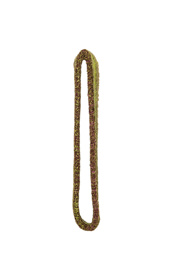 Jade green orchid lei made of 900 flat orchid petals, displayed against a white background.