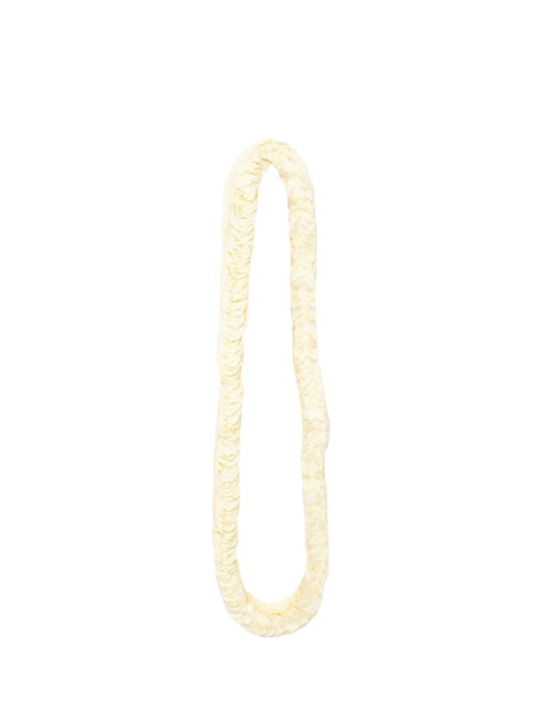 White orchid lei made of 900 flat orchid petals, , ideal for weddings, displayed against a white background.