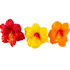Set of three silk hibiscus hair clips in red, yellow, and orange, displayed against a white background.