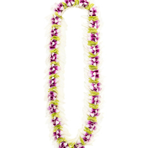 Colorful lei featuring accents of purple and green orchid petals, with white petals flaring outward around the edges.