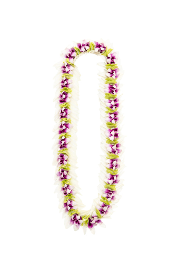 Colorful lei featuring accents of purple and green orchid petals, with white petals flaring outward around the edges.