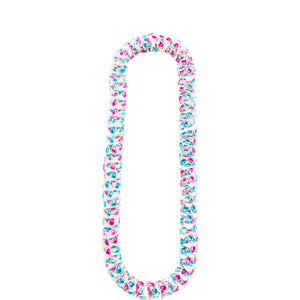 Colorful floral orchid lei in shades of blue, pink, and white, resembling cotton candy; ideal for gender reveal celebrations.
