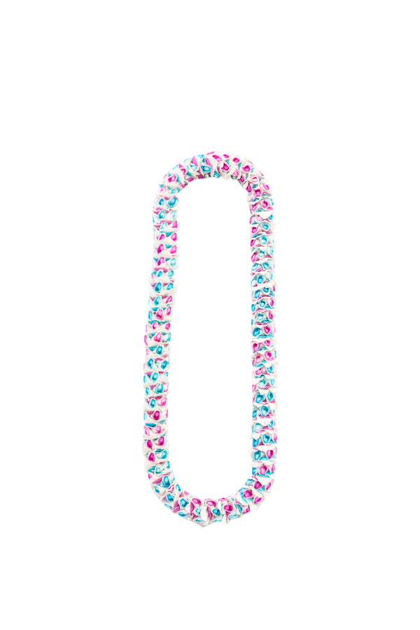 Colorful floral orchid lei in shades of blue, pink, and white, resembling cotton candy; ideal for gender reveal celebrations.