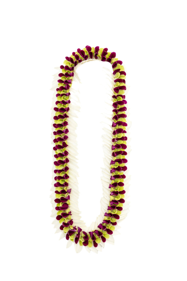 Deluxe lei made of layered orchid petals in deep purple, jade green, and creamy white, creating a rich and elegant color combination.