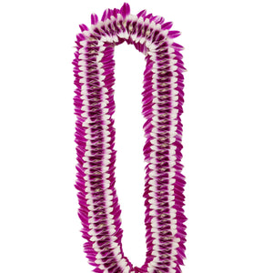 A lei made using various parts of the purple orchid blossom, artfully arranged to create a textured design with a bow tie-like formation in the center of each segment, displayed on a white background.