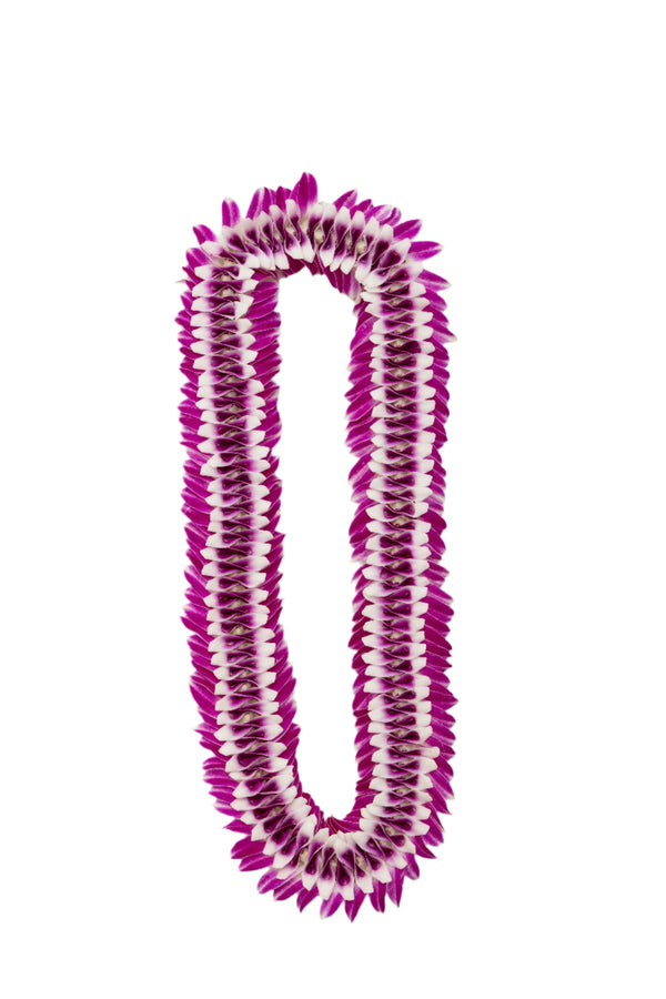 A lei made using various parts of the purple orchid blossom, artfully arranged to create a textured design with a bow tie-like formation in the center of each segment, displayed on a white background.