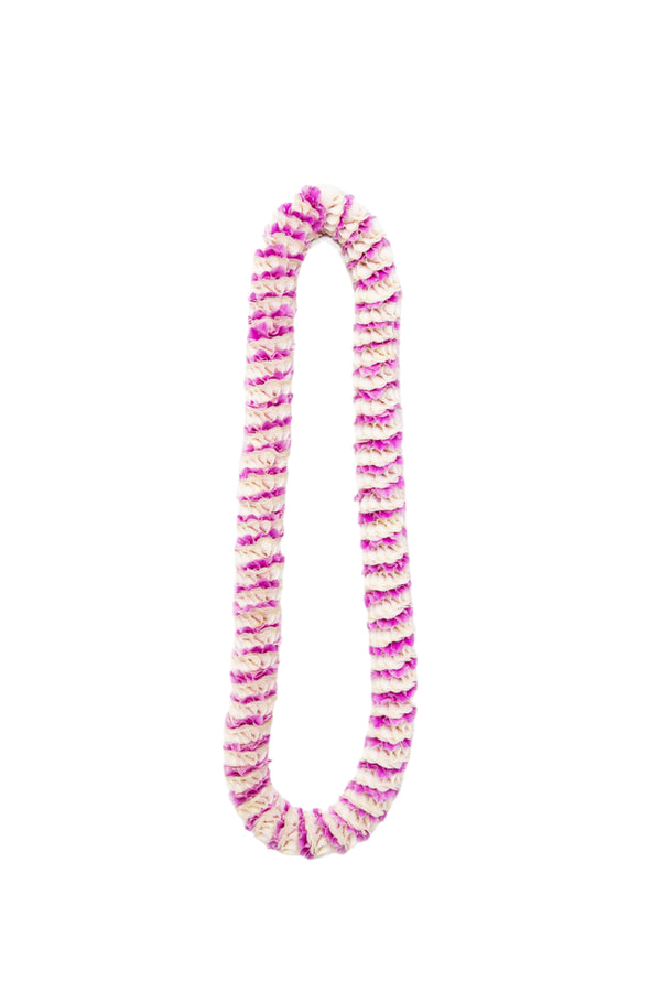 Pink premium spiral orchid lei featuring an intricate pattern with small sections of pink petals alternating with larger sections of the light-colored backing of orchid blossoms.