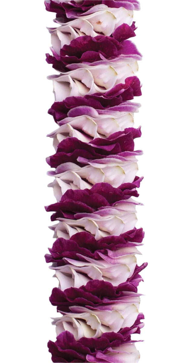 Close-up of a purple premium spiral orchid lei showing an intricate pattern of small purple petal sections alternating with larger light-colored orchid blossom backings, highlighting texture and detail.