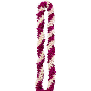 A premium lei made of purple orchid petals and the firm central nose part of the orchid blossom, arranged in an alternating diagonal spiral pattern against a white background.