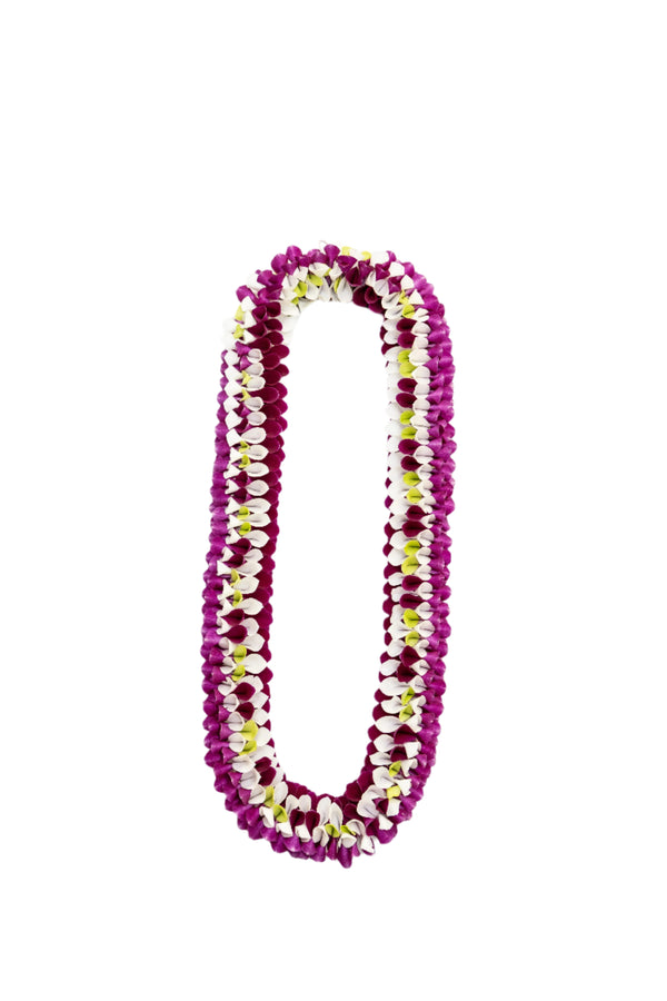 Colorful lei made of orchid petals combining purple, white, and jade green hues in a vibrant arrangement.
