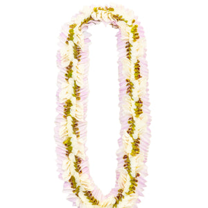 Lei featuring a half-white, half-jade color palette layered over light blush pink orchid petals, isolated on a white background.