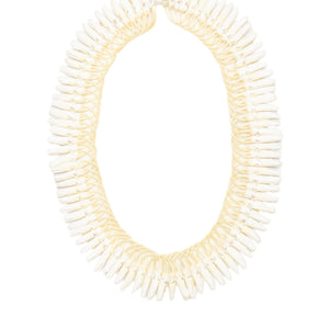 A traditional Micronesian ginger lei with thin petals rolled and sewn into loops, ideal for weddings, displayed against a white background.