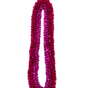 All deep purple floral lei arranged in a spiral design, displayed against a white background.