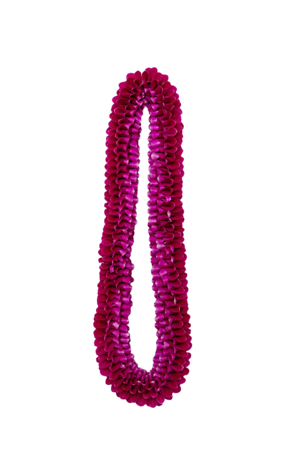 All deep purple floral lei arranged in a spiral design, displayed against a white background.