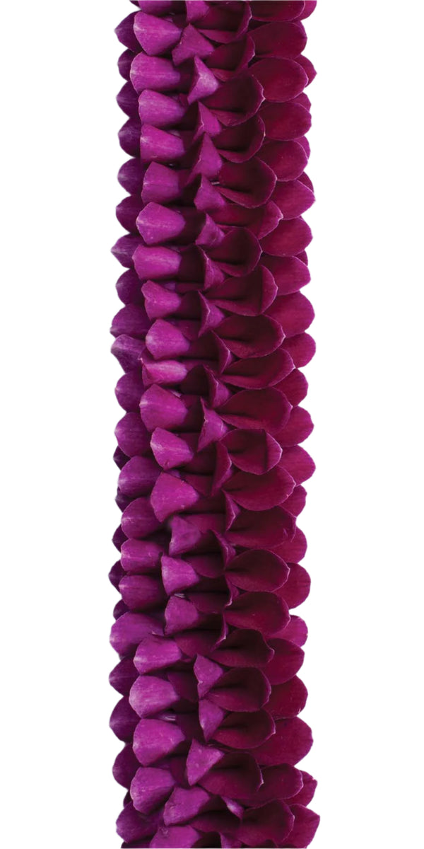 Close-up of a deep purple floral lei showcasing its spiral design and rich color texture against a white background.