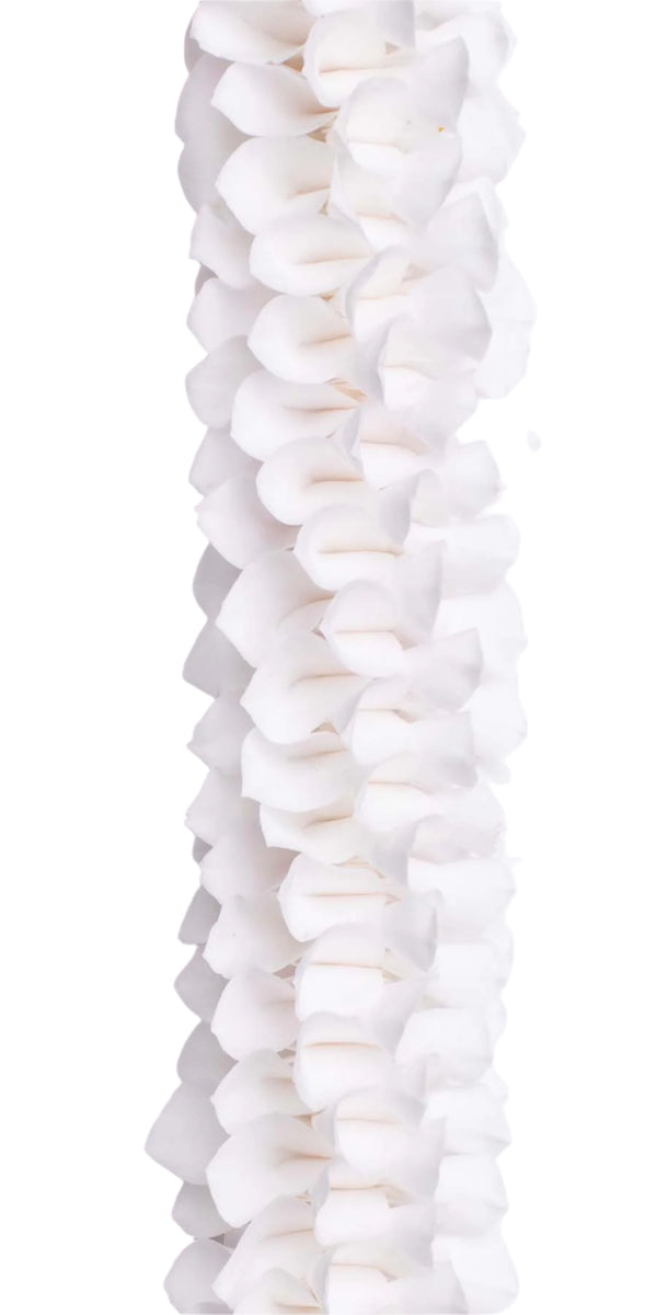 Close-up of a white floral lei showcasing its spiral design and rich color texture against a white background, ideal for weddings.