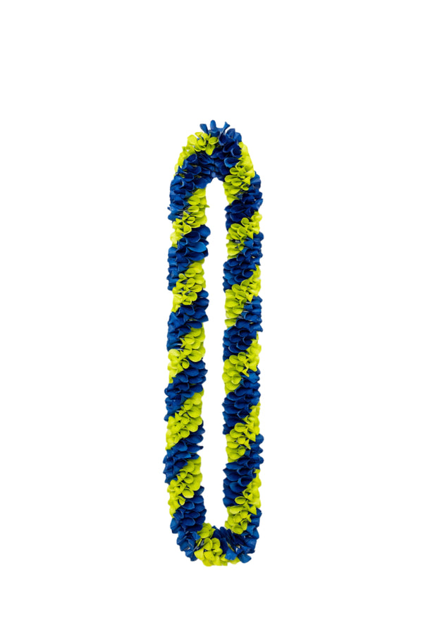 Spiral lei made of orchids featuring alternating diagonal stripes of green and sprayed blue petals.
