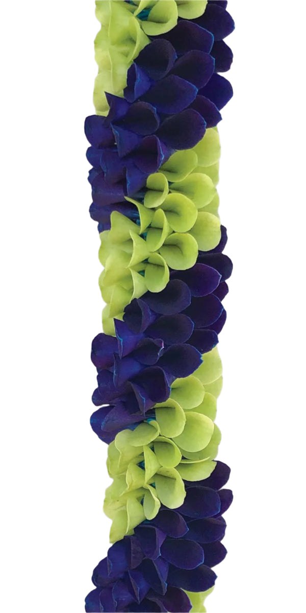 Close-up of a spiral orchid lei with alternating diagonal colors of green and sprayed blue highlighting the intricate pattern and texture.