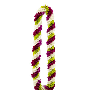 Spiral lei made of orchids featuring alternating diagonal stripes of green, purple, and white petals.