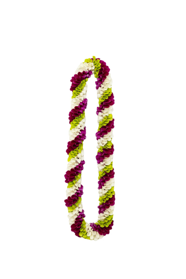 Spiral lei made of orchids featuring alternating diagonal stripes of green, purple, and white petals.