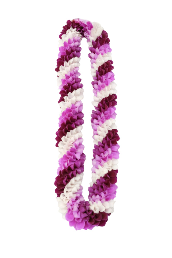Spiral lei made of orchids featuring alternating diagonal stripes of pink, purple, and white petals.