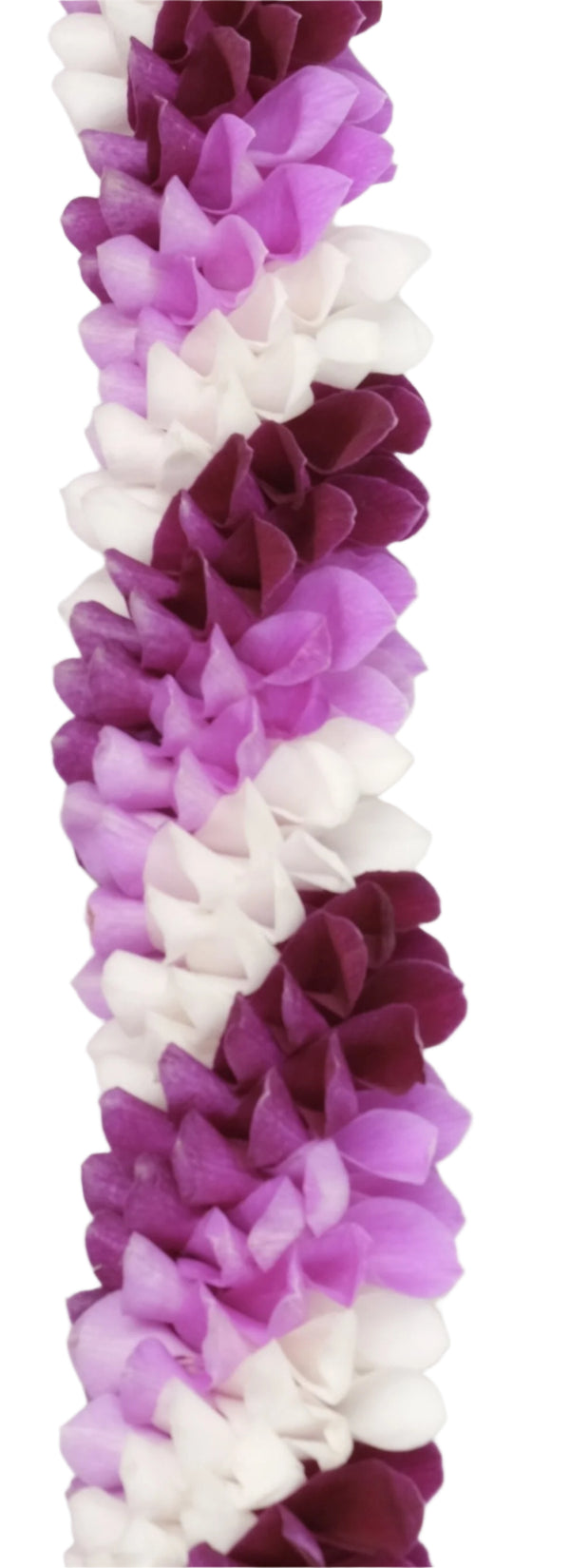Close-up of a spiral orchid lei with alternating diagonal colors of pink, purple, and white, highlighting the intricate pattern and texture.