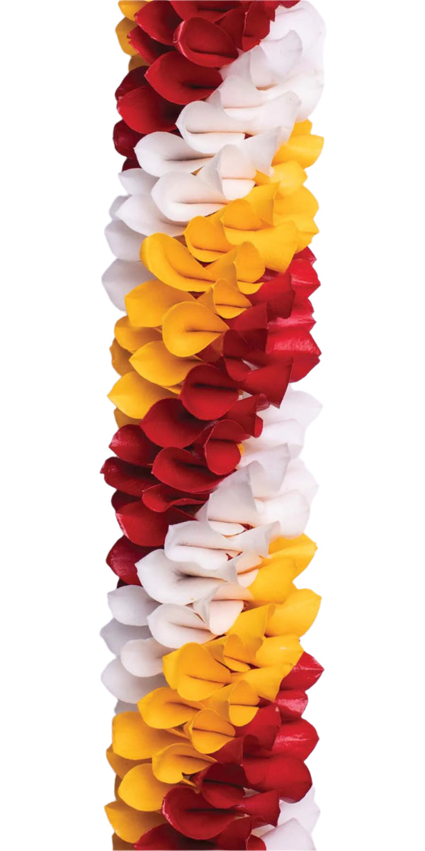 Close-up of a sprayed and natural colored spiral orchid lei with alternating diagonal colors of orange, red, and white, highlighting the intricate pattern and texture.