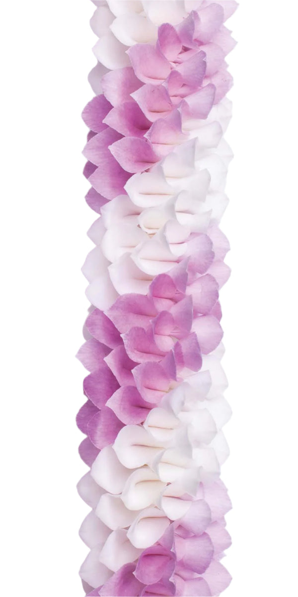 Close-up of a spiral orchid lei with alternating diagonal colors of pink and white, highlighting the intricate pattern and texture.