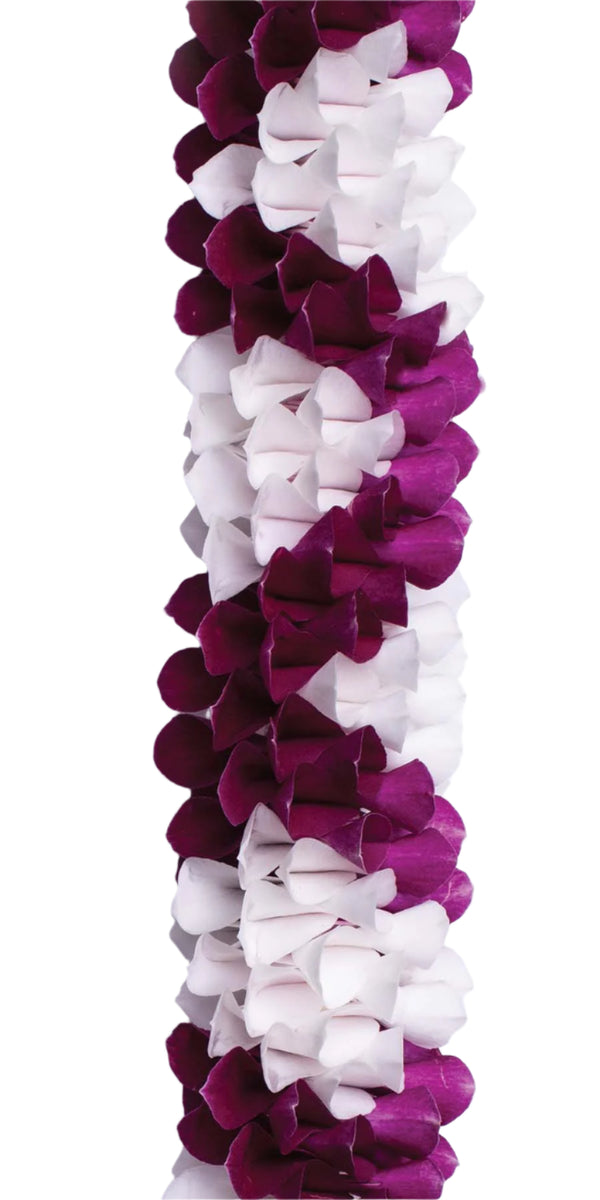Close-up of a white orchid lei with deep purple zigzag patterns arranged spirally, highlighting the intricate petal arrangement against a white background.