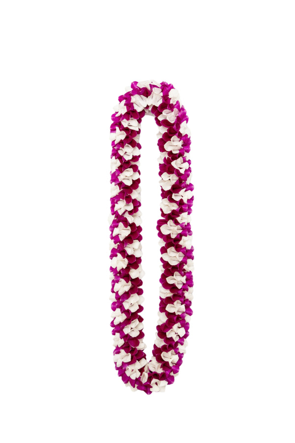 White orchid lei featuring deep purple crisscross diamond patterns arranged in a spiral design, displayed against a white background.