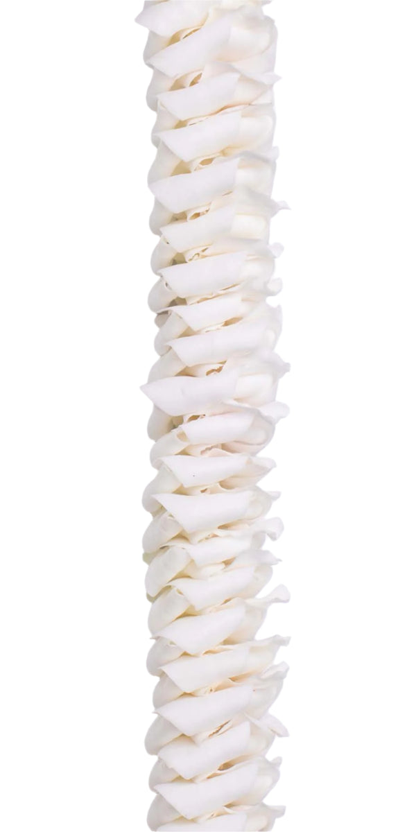 Close-up of an all white deluxe orchid lei showcasing folded petals arranged in a distinctive round pattern, perfect for wedding occasions.