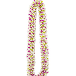 A spiral lei made from fresh purple, white, and green orchid petals.