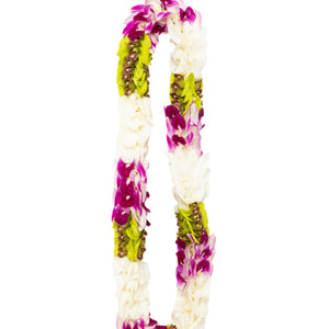 Round premium lei made of alternating sections of purple, white, and jade orchids.