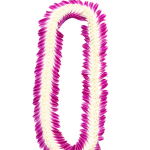 Deluxe orchid lei with feather-like edges made from purple orchids and a braided-looking center crafted from white orchids, displayed on a white background.