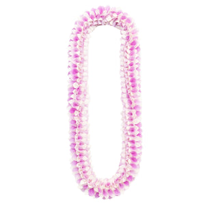 Lei made of soft pink and creamy white orchid petals arranged delicately for an elegant, gentle appearance.