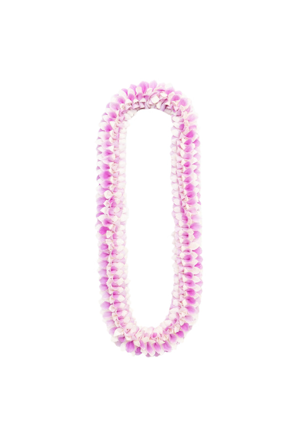 Lei made of soft pink and creamy white orchid petals arranged delicately for an elegant, gentle appearance.
