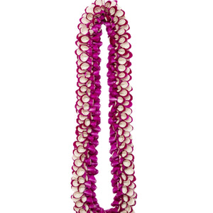 Spiral lei made of purple and white orchid petals, with white petals layered on top of purple, displayed on a white background.