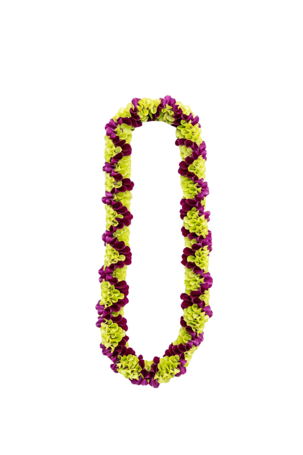 Floral lei made of fresh orchids in jade green and deep plum purple, arranged in an elegant crisscross pattern.