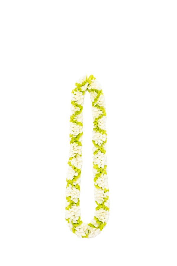 Spiral orchid lei made with white and jade green petals, with the green petals crisscrossing over the white.