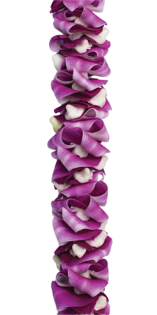 Close-up of a round deluxe orchid lei showing the unique pattern created by alternating soft purple petals with the firm central parts of the orchid, highlighting the contrast in texture and shape.