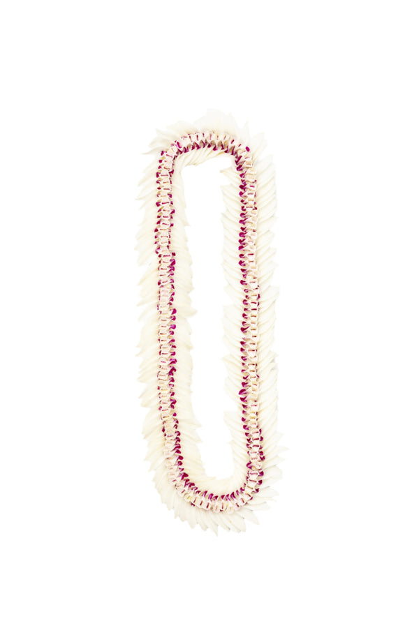 Flat white orchid lei with subtle purple accents hidden in the middle, designed with a delicate and elegant look suitable for weddings.