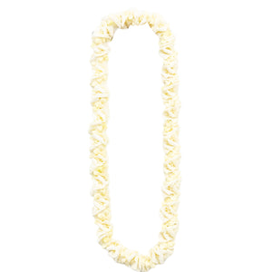 White lei made of crisp white orchid blossoms, incorporating all parts of the flower—from delicate petals to the stiffer centers—for a distinctive and textured appearance.
