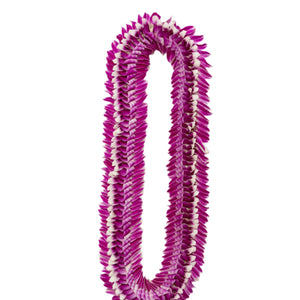 A flat deluxe orchid lei showcasing an intricate two-toned design with purple blossoms created using unique fold and flare techniques for added dimension and pattern.
